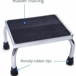 Medline Foot Stool, 1-Step, 350 lb Capacity, 16 x 12 x 8.25, Steel, Chrome/Black Mat