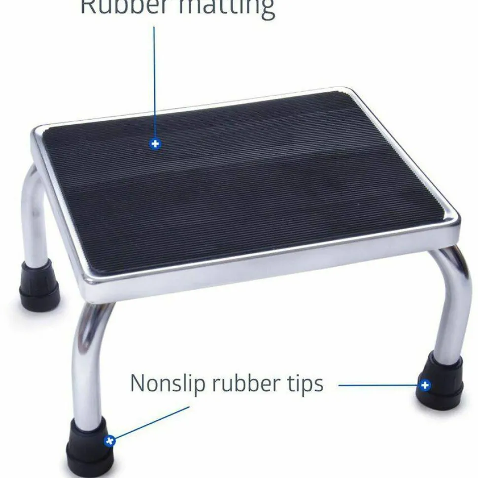 Medline Foot Stool, 1-Step, 350 lb Capacity, 16 x 12 x 8.25, Steel, Chrome/Black Mat