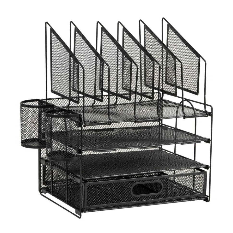 Mesh Desk Organizer With Vertical Storage And Pen Holders, 16"H x 12-3/4"W x 9-1/2"D, Black