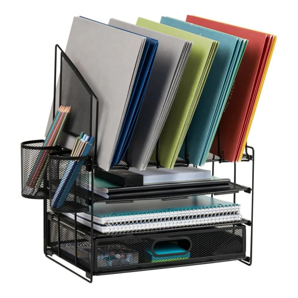 Mesh Desk Organizer With Vertical Storage And Pen Holders, 16"H x 12-3/4"W x 9-1/2"D, Black