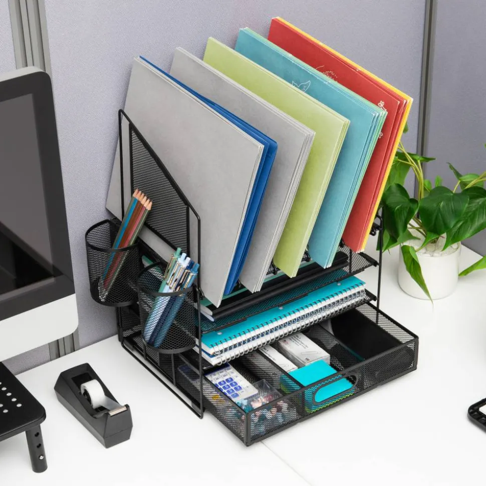 Mesh Desk Organizer With Vertical Storage And Pen Holders, 16"H x 12-3/4"W x 9-1/2"D, Black