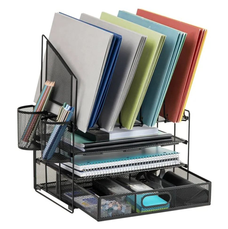 Mesh Desk Organizer With Vertical Storage And Pen Holders, 16"H x 12-3/4"W x 9-1/2"D, Black