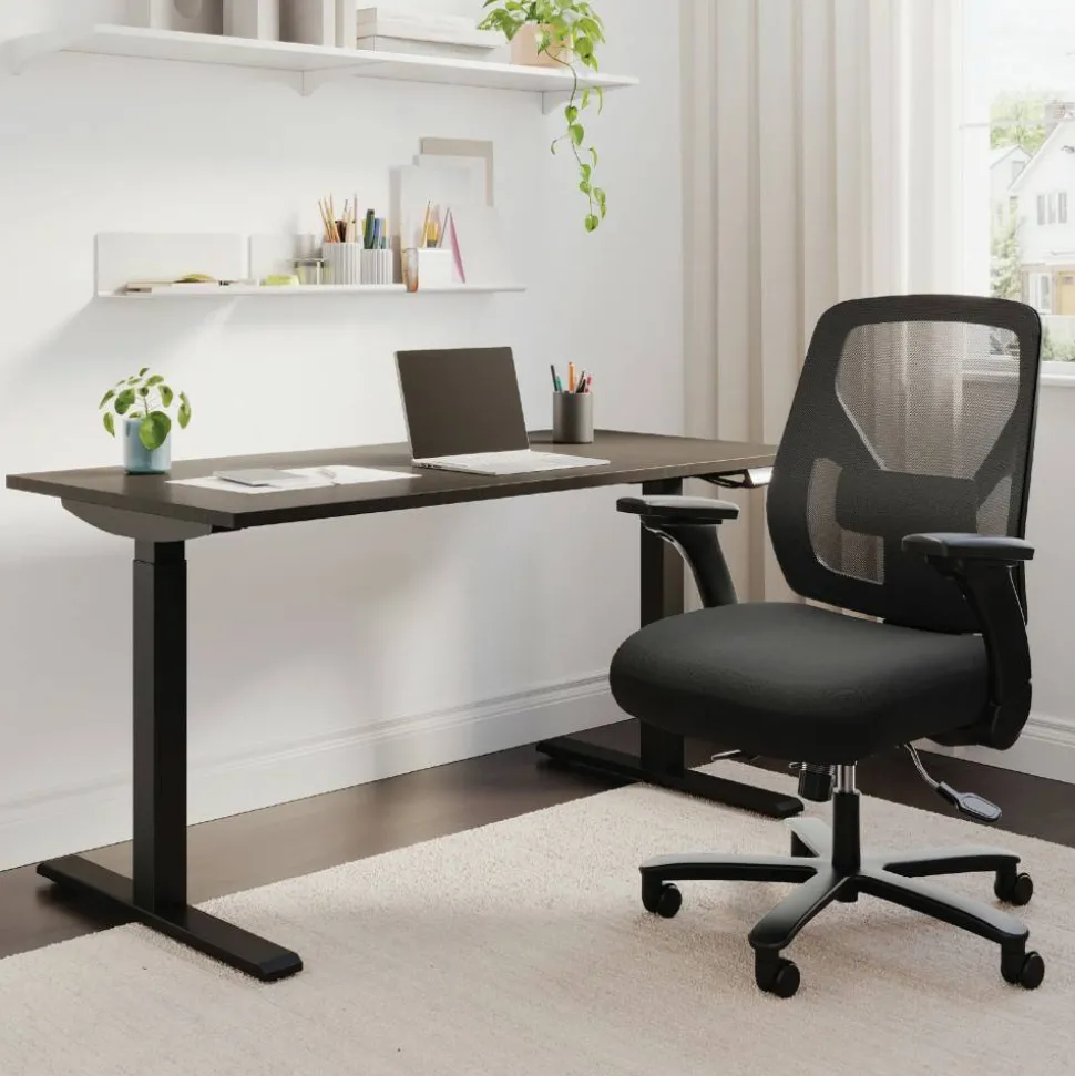 MFTC 400 Big & Tall Ergonomic Mesh/Fabric High-Back Chair with Flip-Up Armrests, Black/Black, BIFMA Compliant