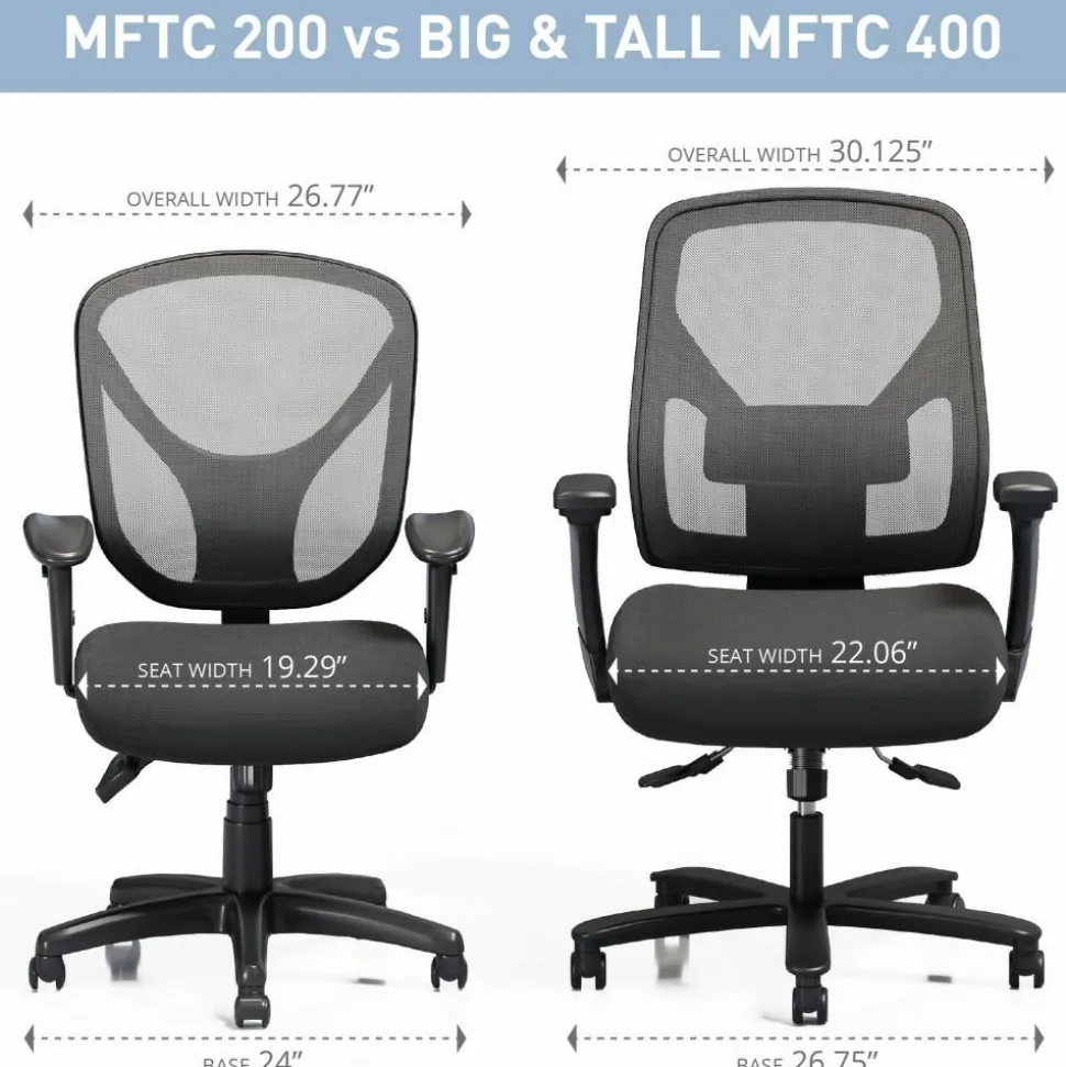 MFTC 400 Big & Tall Ergonomic Mesh/Fabric High-Back Chair with Flip-Up Armrests, Black/Black, BIFMA Compliant
