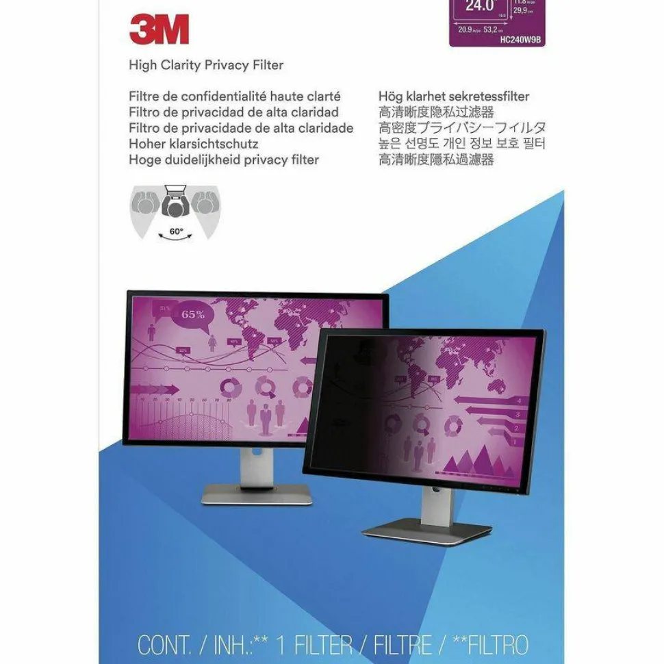 3M High Clarity Privacy Filter for Monitors, 24" Full Screen, 16:9 Aspect Ratio, Reduces Blue Light