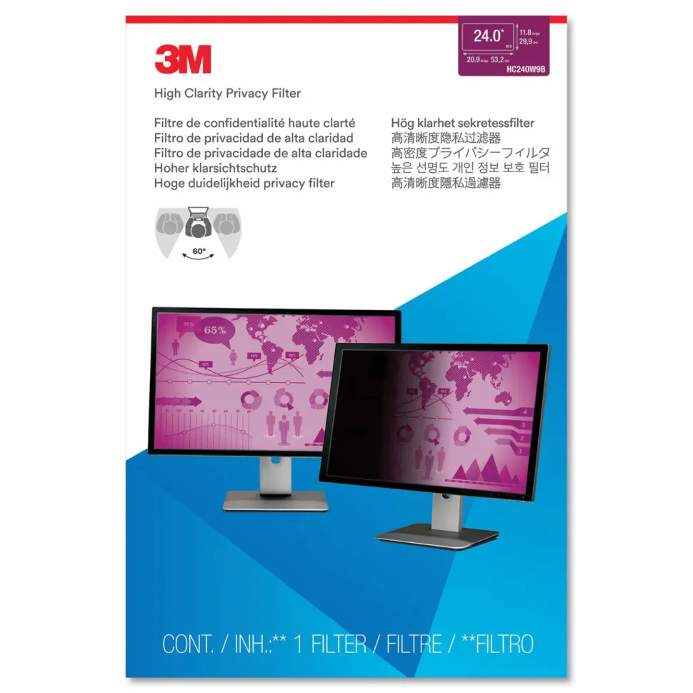 3M High Clarity Privacy Filter for Monitors, 24" Full Screen, 16:9 Aspect Ratio, Reduces Blue Light