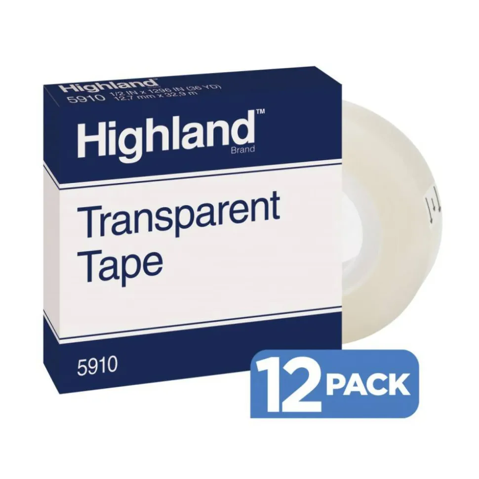 3M Highland 5910 Transparent Tape, 1/2" x 1,296, Pack Of 12