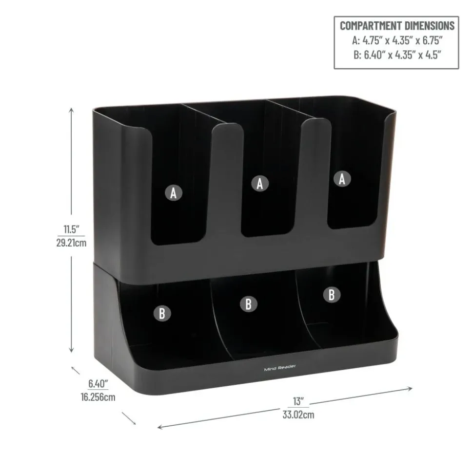 Mind Reader 6-Compartment 2-Tier Coffee Condiment And Cup Organizer, 11-1/2"H x 6-32/5"W x 13"D, Black