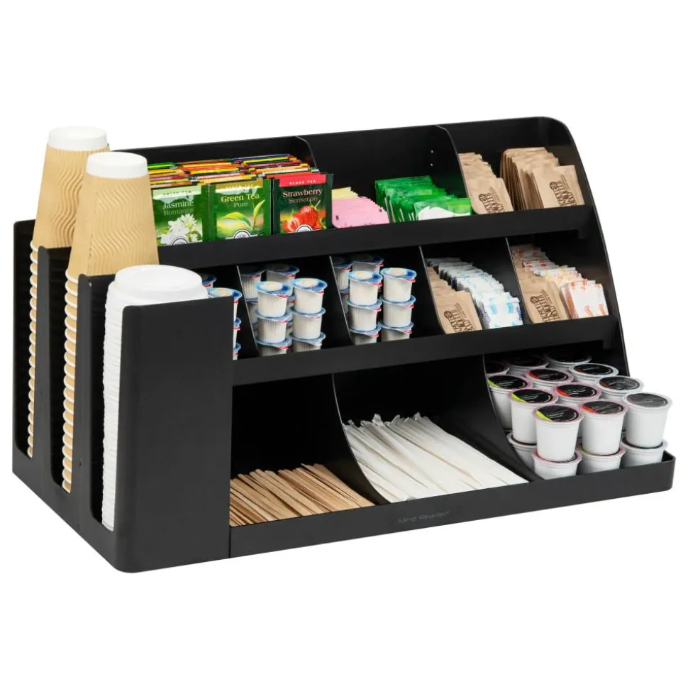 Mind Reader 14-Compartment/3-Tier Coffee Cup And Condiment Countertop Organizer, 12-1/2"H x 11-1/2"W x 24"L, Black