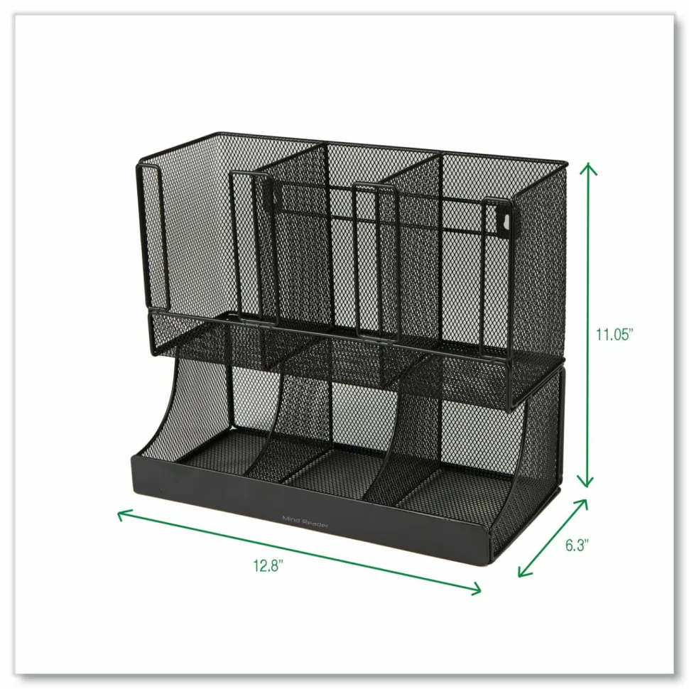 Mind Reader Network Collection 2-Tier 6-Compartment Coffee Cup and Condiment Countertop Organizer, 5 x 13 x 11.5, Black