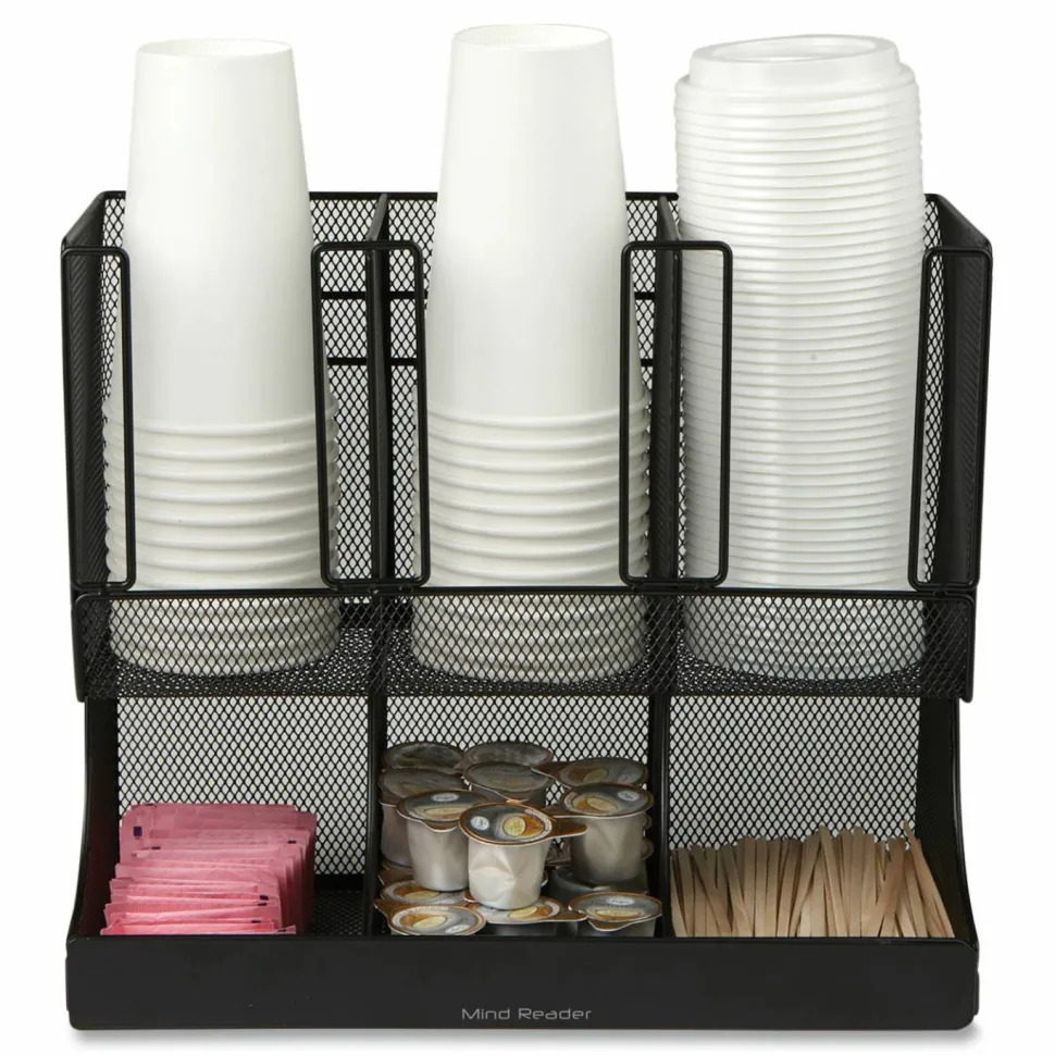 Mind Reader Network Collection 2-Tier 6-Compartment Coffee Cup and Condiment Countertop Organizer, 5 x 13 x 11.5, Black