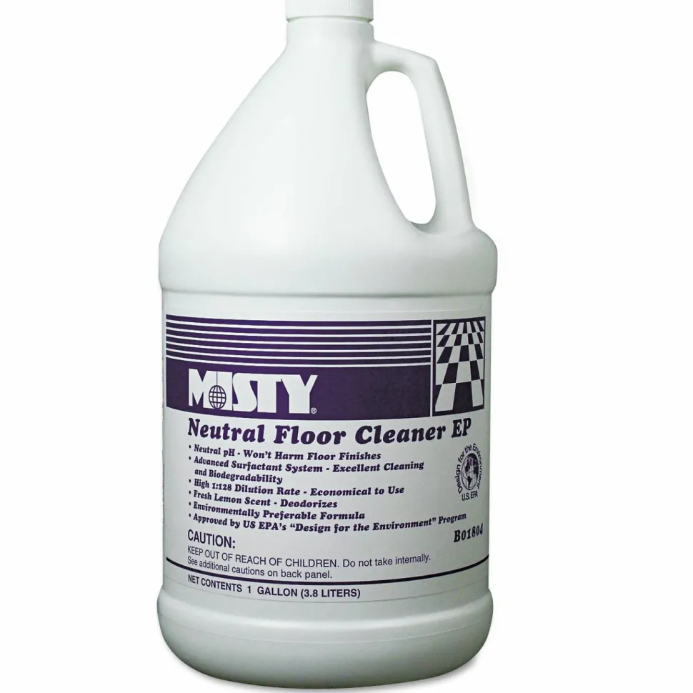 MISTY Neutral Floor Cleaner - For Multi Surface - Concentrate - Liquid - 128 fl oz (4 quart) - Lemon Scent Width - 4 / Carton - Pleasant Scent - Green