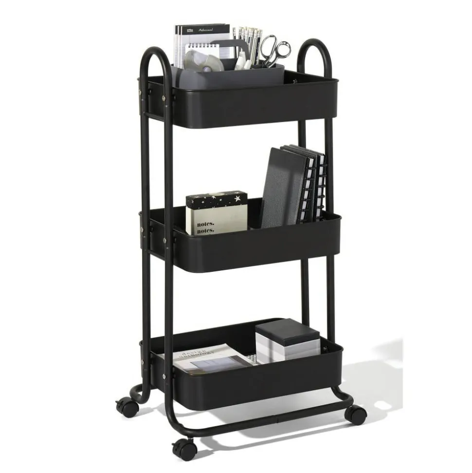Mobile 3-Tier Storage Cart, 35-5/8"H x 17-15/16"W x 14-5/16"D, Black