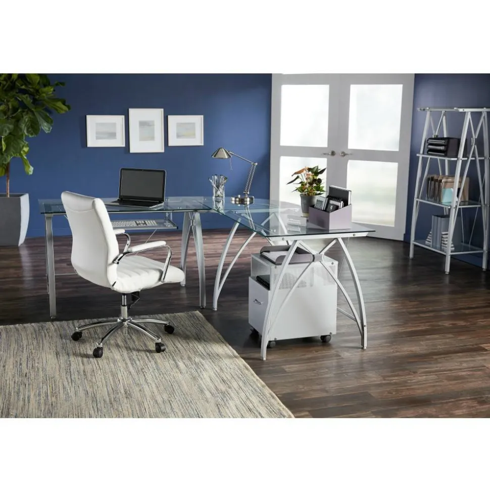 Modern Comfort Winsley Bonded Leather Mid-Back Manager Office Chair, White/Silver, BIFMA Compliant