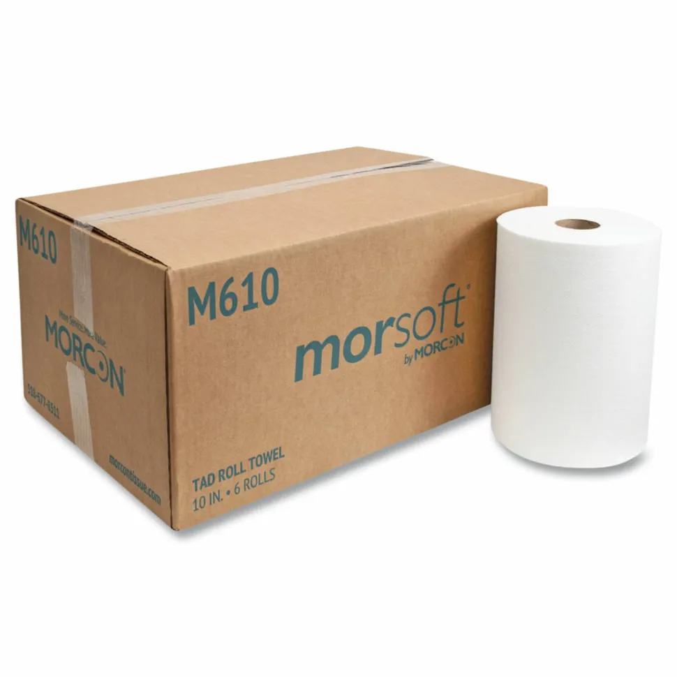 Morcon Tissue 10 Inch TAD Roll Towels, 1-Ply, 10" x 500 ft, White, 6 Rolls/Carton