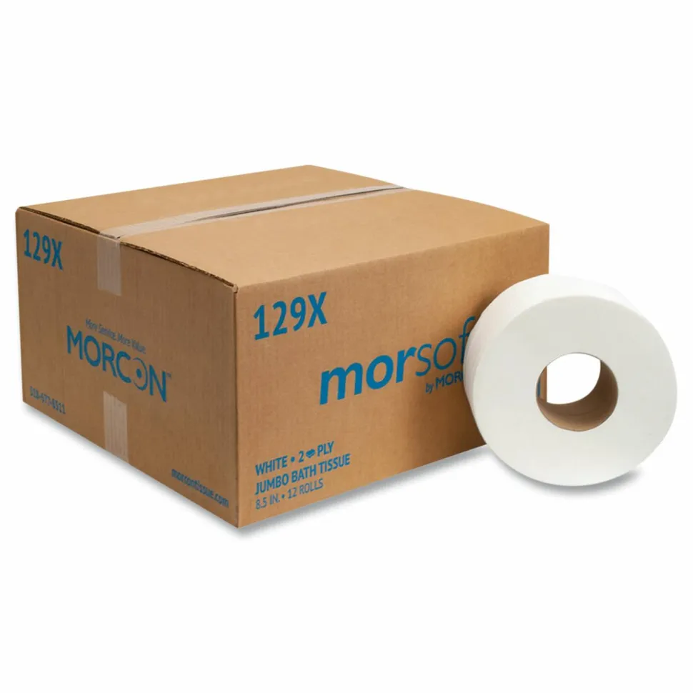 Morcon Tissue Jumbo Bath Tissue, Septic Safe, 2-Ply, 3.3" x 500 ft, White, 12 Rolls/Carton