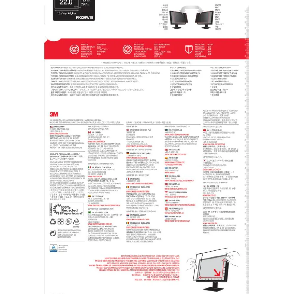3M Privacy Filter Screen for 22" Widescreen Monitors, 16:10 Aspect Ratio, Reduces Blue Light, Anti-Glare