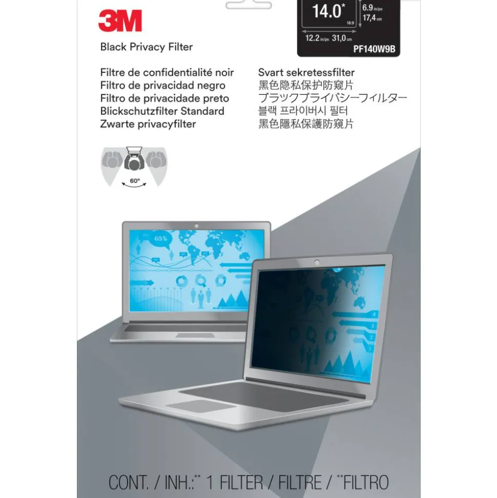 3M Privacy Filter Screen with COMPLY Attachment for 14" Widescreen Laptops, 16:9 Aspect Ratio, Reduces Blue Light, Anti-Glare