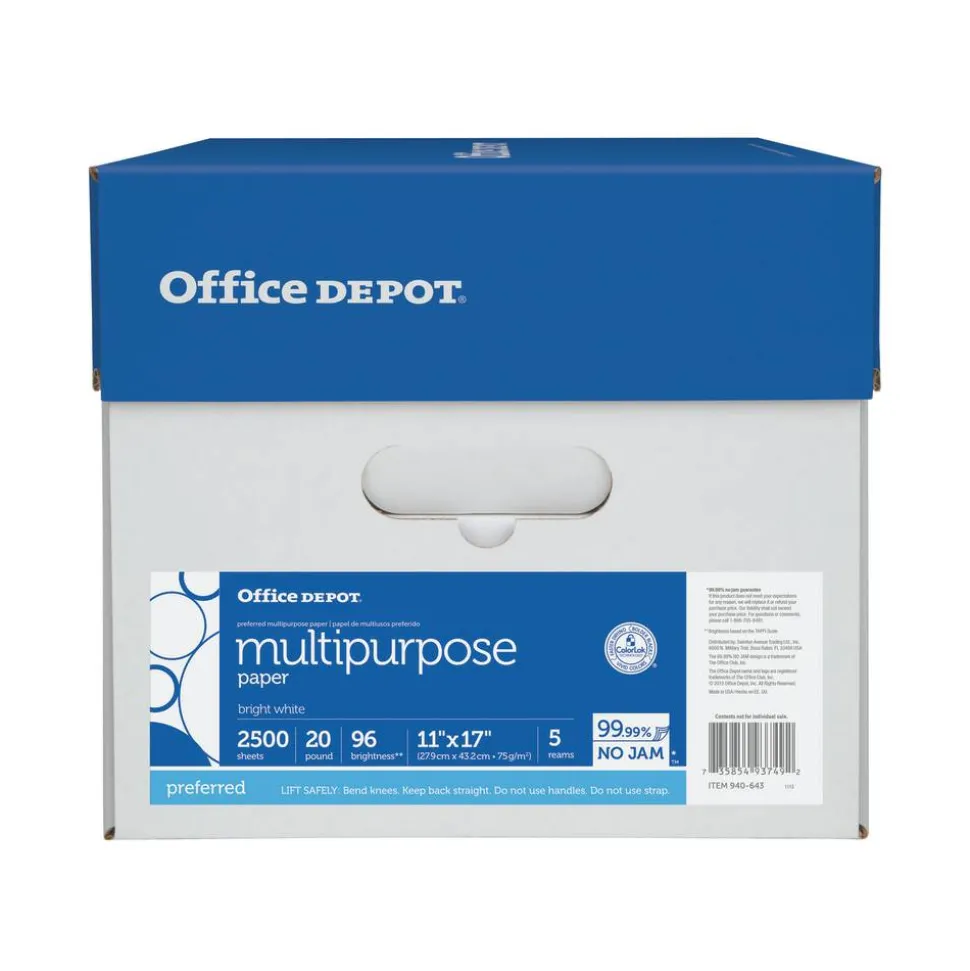 Multi-Use Printer & Copy Paper, White, Ledger (11" x 17"), 2500 Sheets Per Case, 20 Lb, 96 Brightness