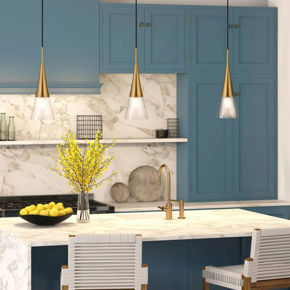 Myra 7.5" Wide Pendant with Glass Shade in Brass/Clear