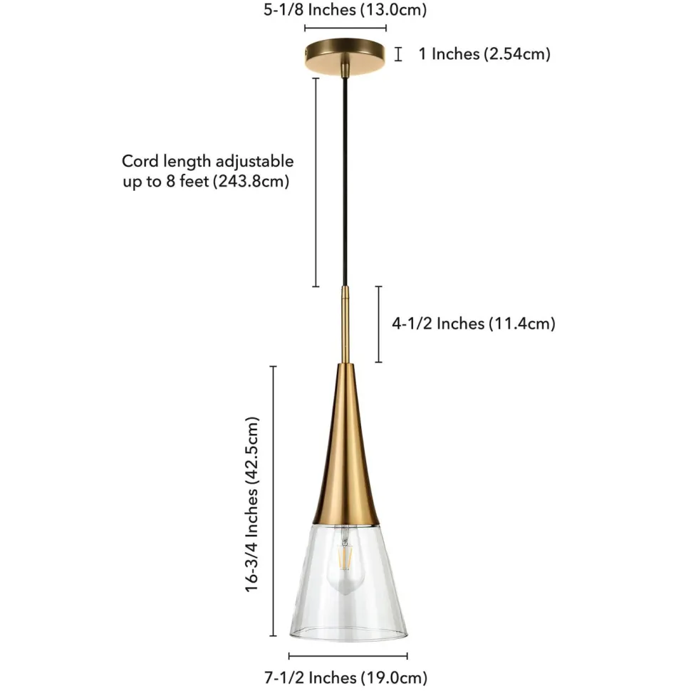 Myra 7.5" Wide Pendant with Glass Shade in Brass/Clear