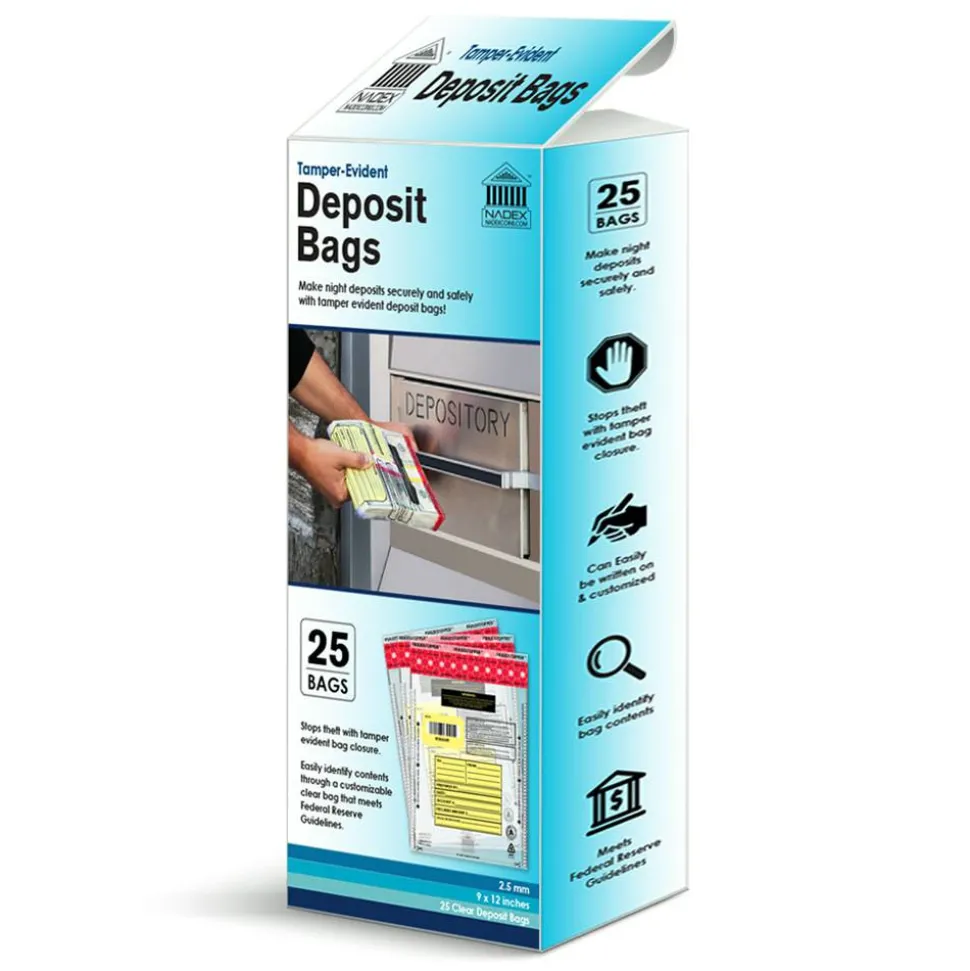 Nadex Tamper-Evident Deposit Bags, 9" x 12", Clear, Pack Of 25 Bags