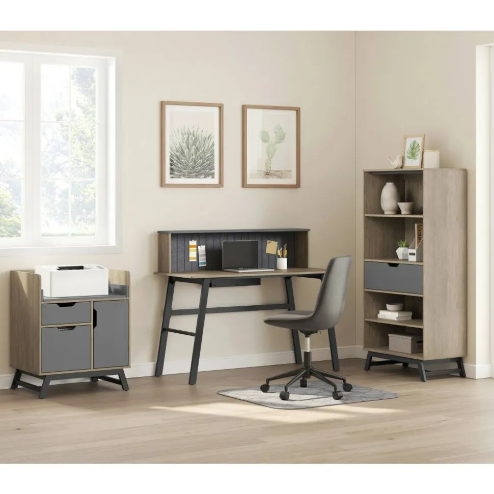 Nashira 52"W Computer Desk With Detachable Hutch, Light Oak/Gray