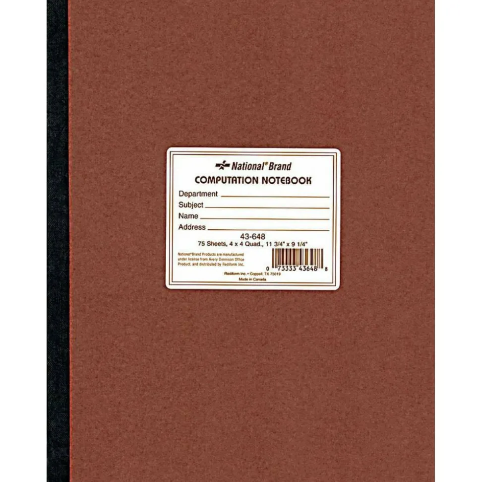National Brand 100% Recycled Computation Notebook, 4 x 4 Quad, 11 3/4" x 9 1/4", 75 Sheets