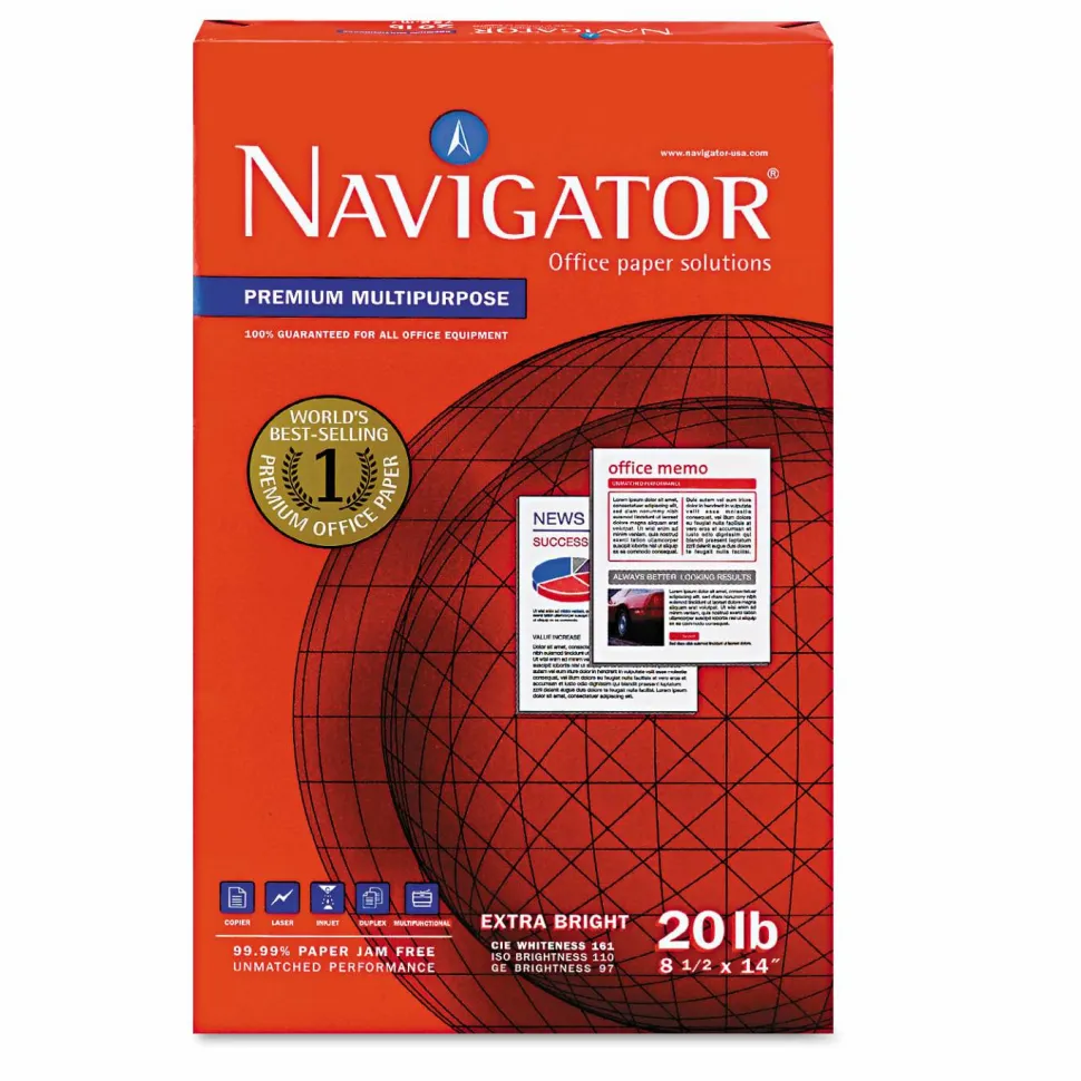 Navigator Premium Multipurpose Copy Paper, 97 Bright, 20 lb Bond Weight, 8.5 x 14, White, 500 Sheets/Ream, 10 Reams/Carton