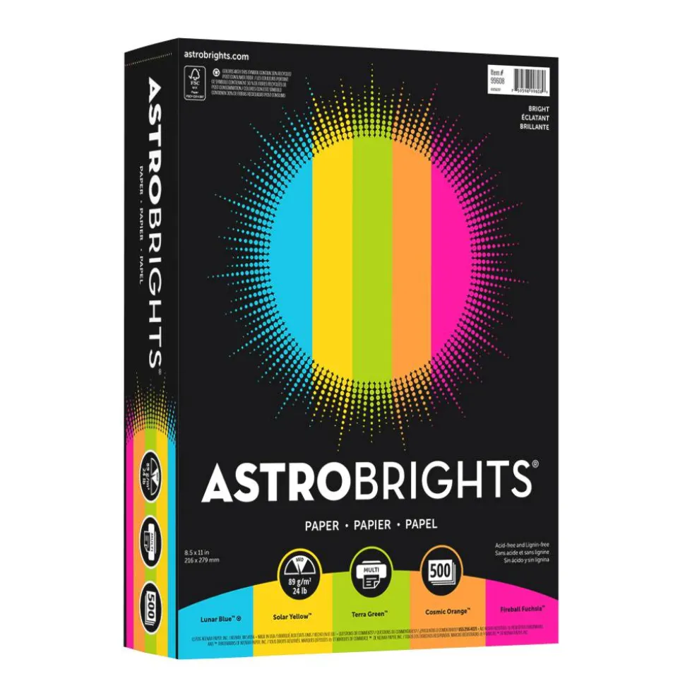 Neenah Astrobrights Bright Color Copy Paper, 1 Ream, Bright Assortment, Letter (8.5" x 11"), 500 Sheets Per Ream, 24 Lb, 94 Brightness