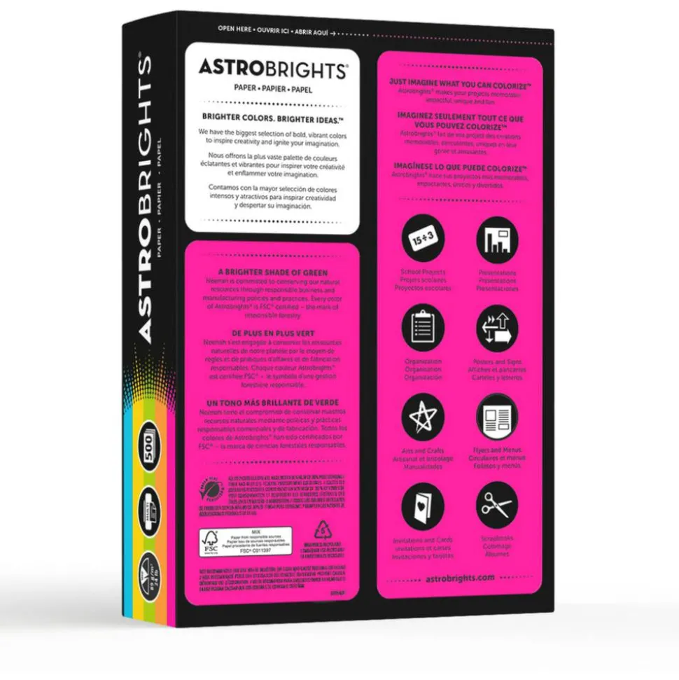 Neenah Astrobrights Bright Color Copy Paper, 1 Ream, Bright Assortment, Letter (8.5" x 11"), 500 Sheets Per Ream, 24 Lb, 94 Brightness