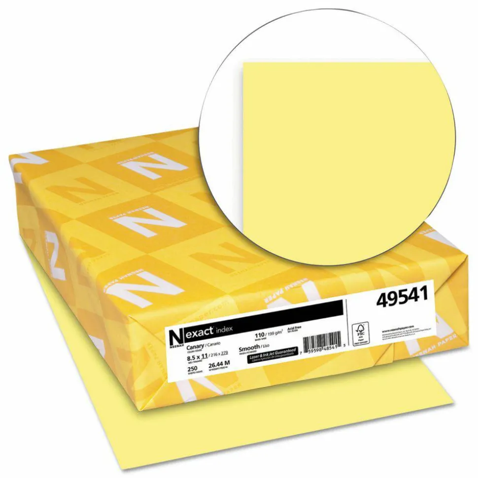 Neenah Exact Index Card Stock, 8 1/2" x 11", 110 Lb., Canary, Pack Of 250 Sheets