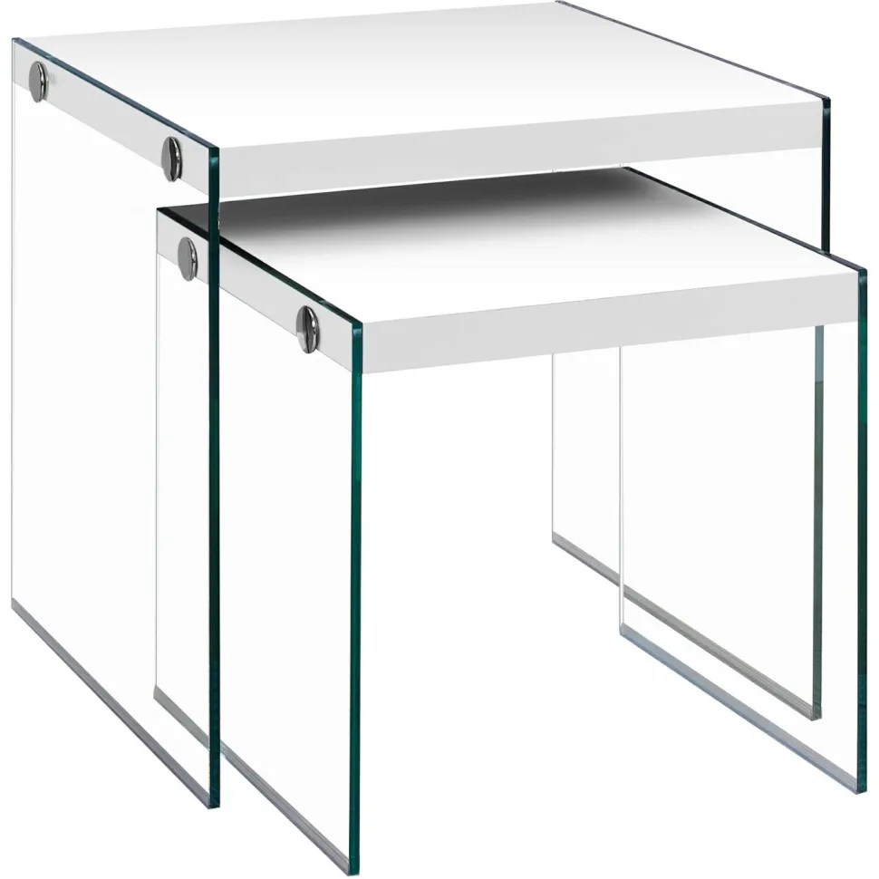 Nesting Table, Set Of 2, Side, End, Accent, Living Room, Bedroom, Glossy White Laminate, Clear Tempered Glass, Contemporary, Modern