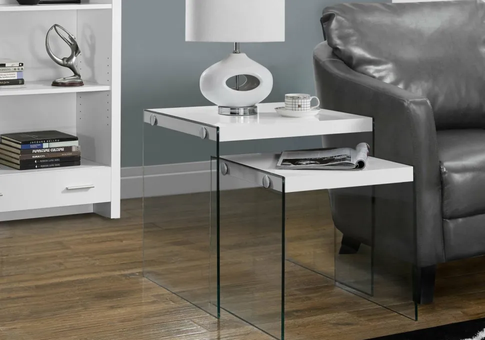 Nesting Table, Set Of 2, Side, End, Accent, Living Room, Bedroom, Glossy White Laminate, Clear Tempered Glass, Contemporary, Modern