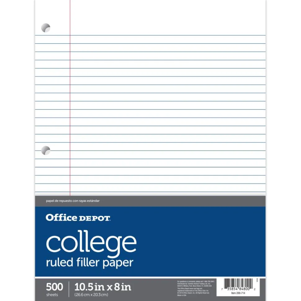 Notebook Filler Paper, College Ruled, 8" x 10 1/2", White, Pack Of 500 Sheets