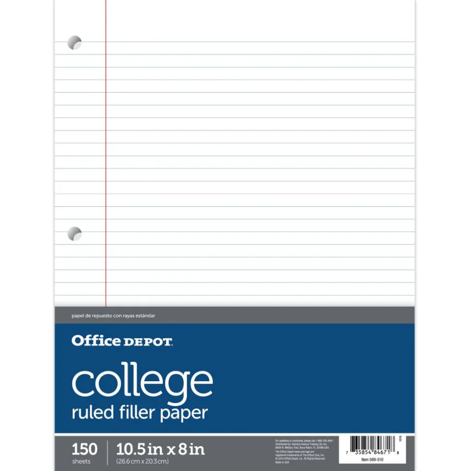 Notebook Filler Paper, College-Ruled, 8" x 10 1/2", White, Pack Of 150 Sheets