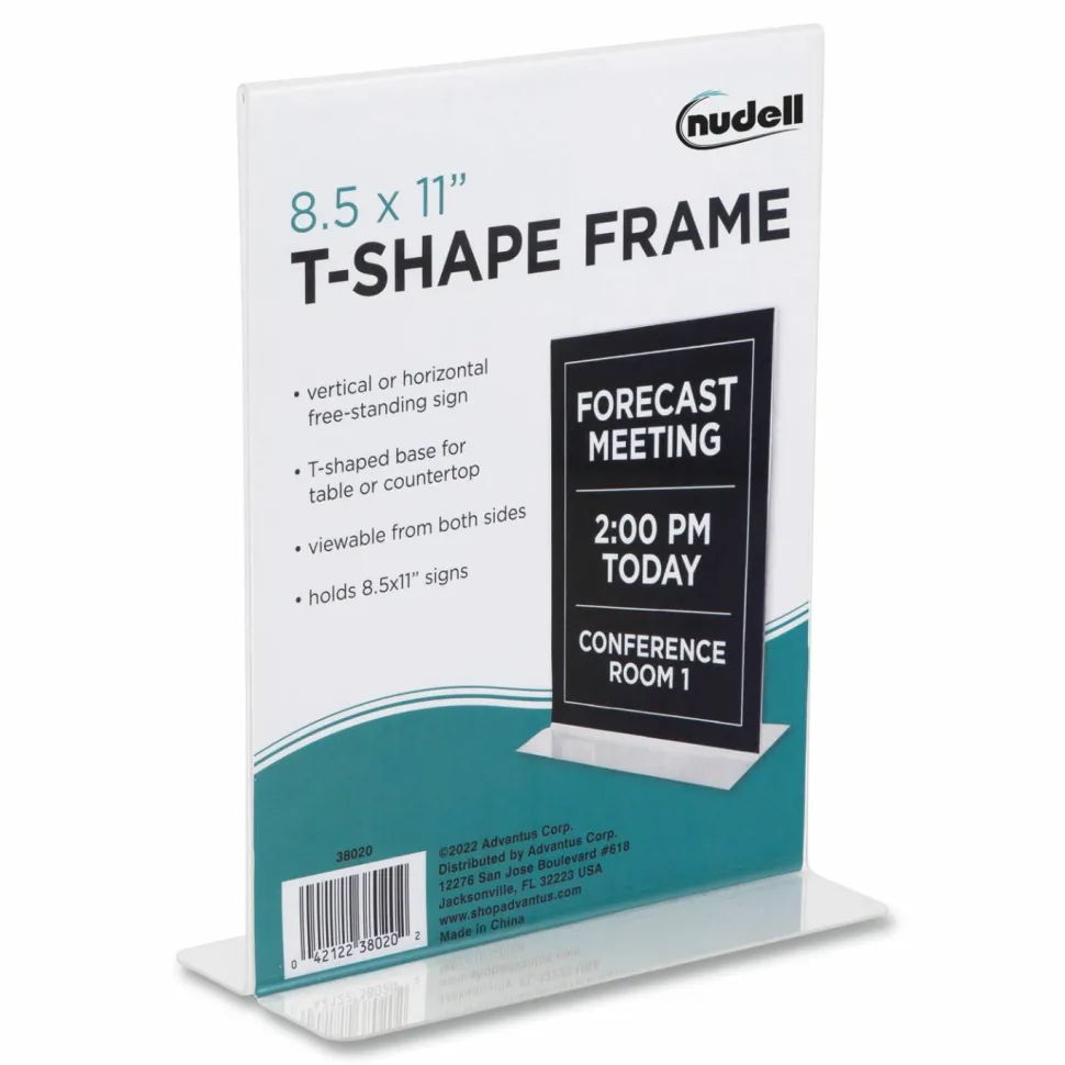 Nu-Dell Double-sided Sign Holder, 8.5"W x 11"H, Rectangular Shape, Double-sided, Self-standing, Acrylic, Clear