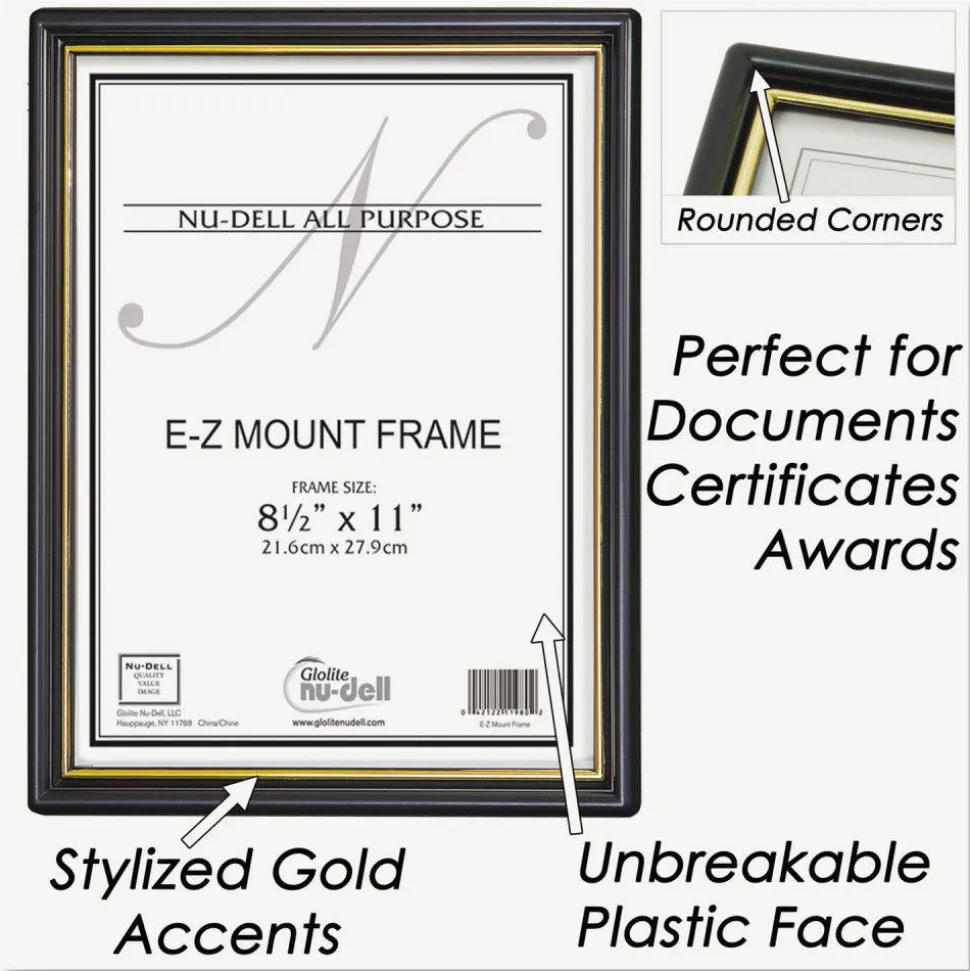 NuDell EZ Mount Document Frame with Trim Accent and Plastic Face, Plastic, 8.5 x 11 Insert, Black/Gold