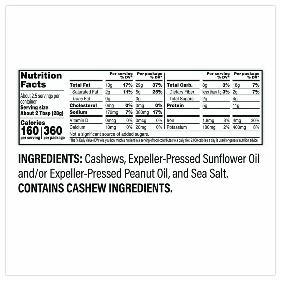 Nut Harvest Sea Salted Whole Cashews, 2.25 oz Pouch, 8/Carton
