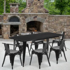 Oakley Commercial Grade 31.5" x 63" Rectangular Black Metal Indoor-Outdoor Table Set with 6 Arm Chairs