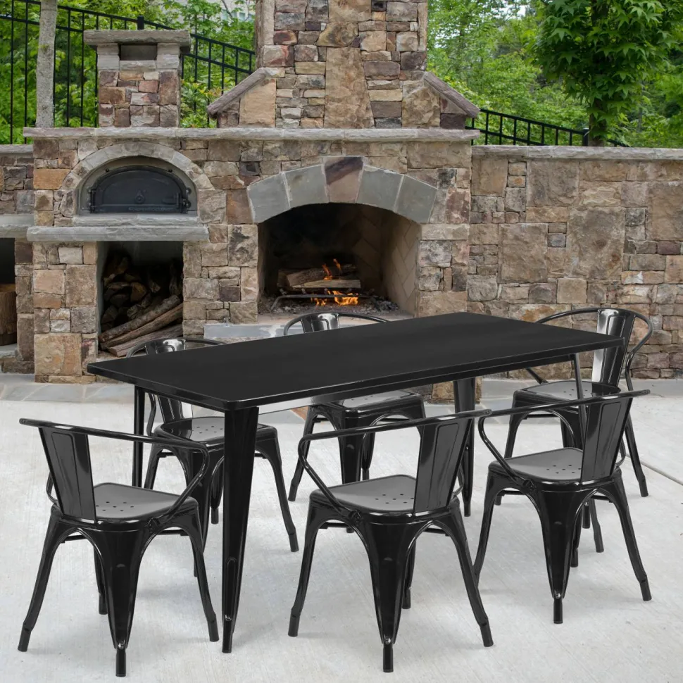 Oakley Commercial Grade 31.5" x 63" Rectangular Black Metal Indoor-Outdoor Table Set with 6 Arm Chairs
