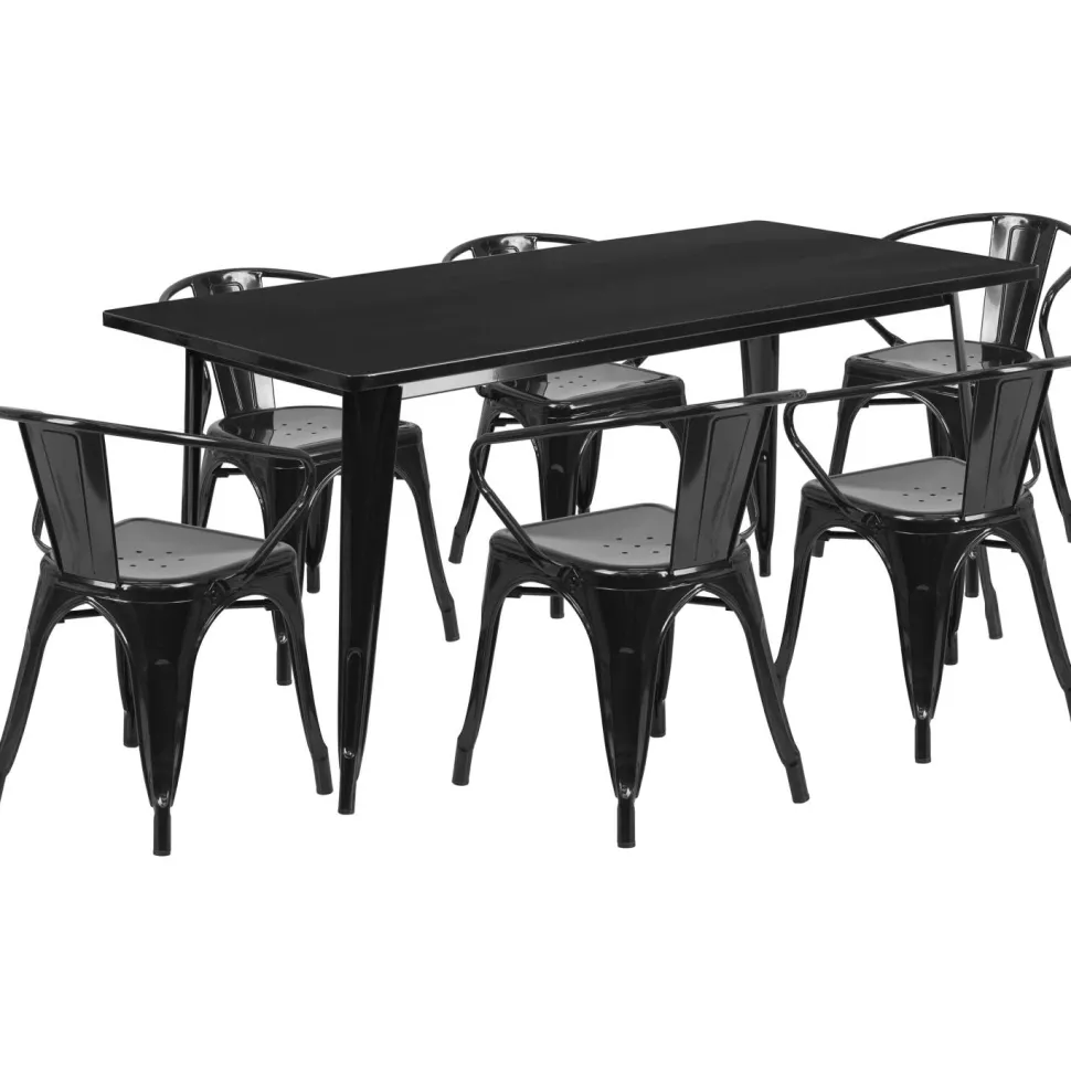 Oakley Commercial Grade 31.5" x 63" Rectangular Black Metal Indoor-Outdoor Table Set with 6 Arm Chairs