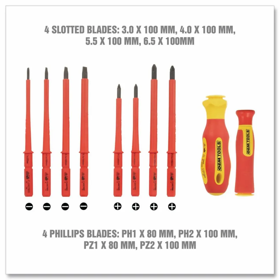 OEMTOOLS Insulated 10-Piece Interchangeable Bit Screwdriver Set, Metric Phillips and Slotted Blade Bits, Orange/Yellow Handle