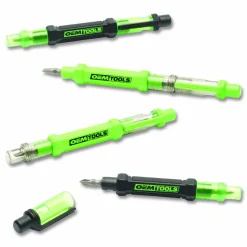 OEMTOOLS 6-Way Pen-Style Screw/Nut Driver, Phillips/Slotted Bits, Metric Sockets, 5.38" Long, Black/Green, Green/Clear, 4/Pack