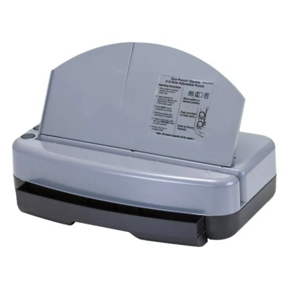Officemate Electric 2 - 3 Hole Adjustable Eco-Punch, 30% Recycled, Black/Gray/Green