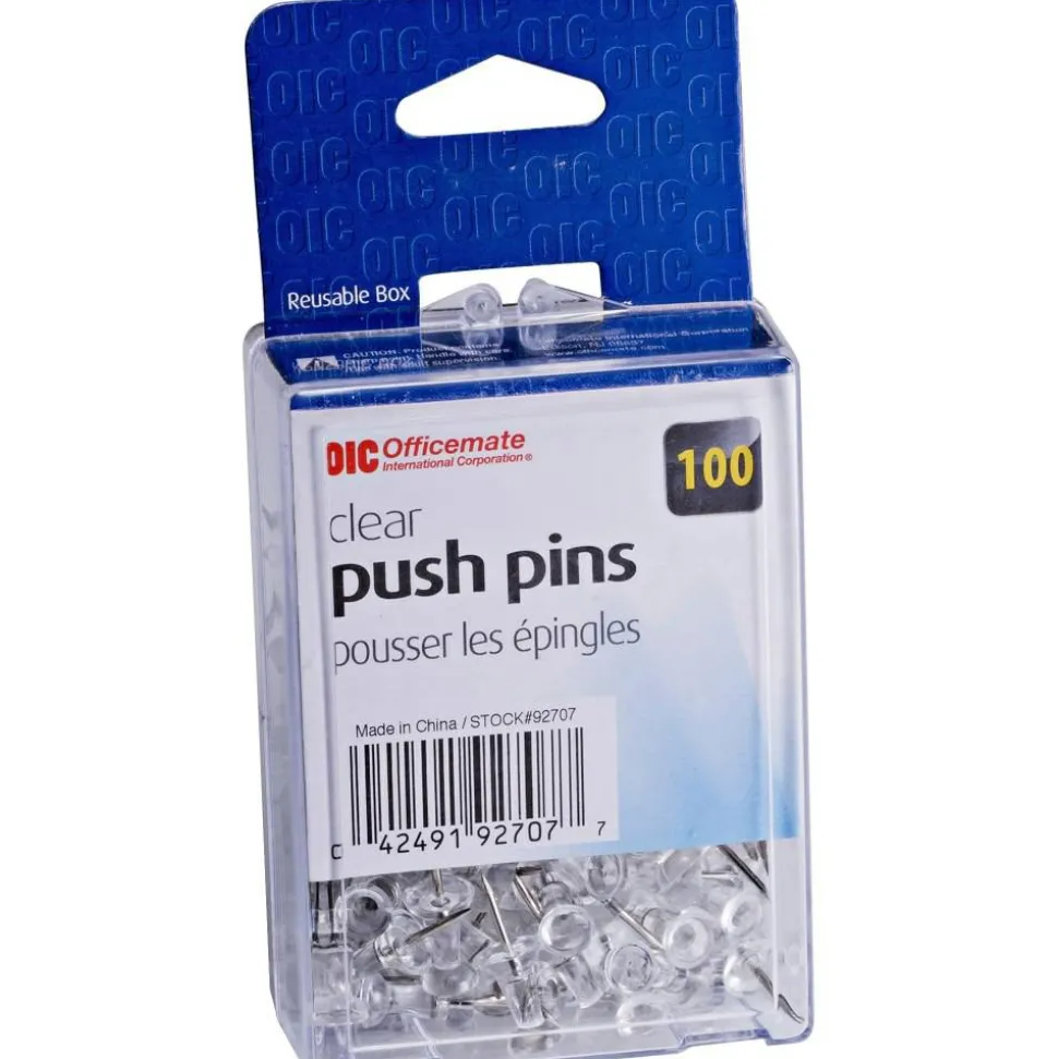Officemate 92707 Plastic Precision Push Pins, 3/8" Hardened Steel Point, Clear, 100/Display Box
