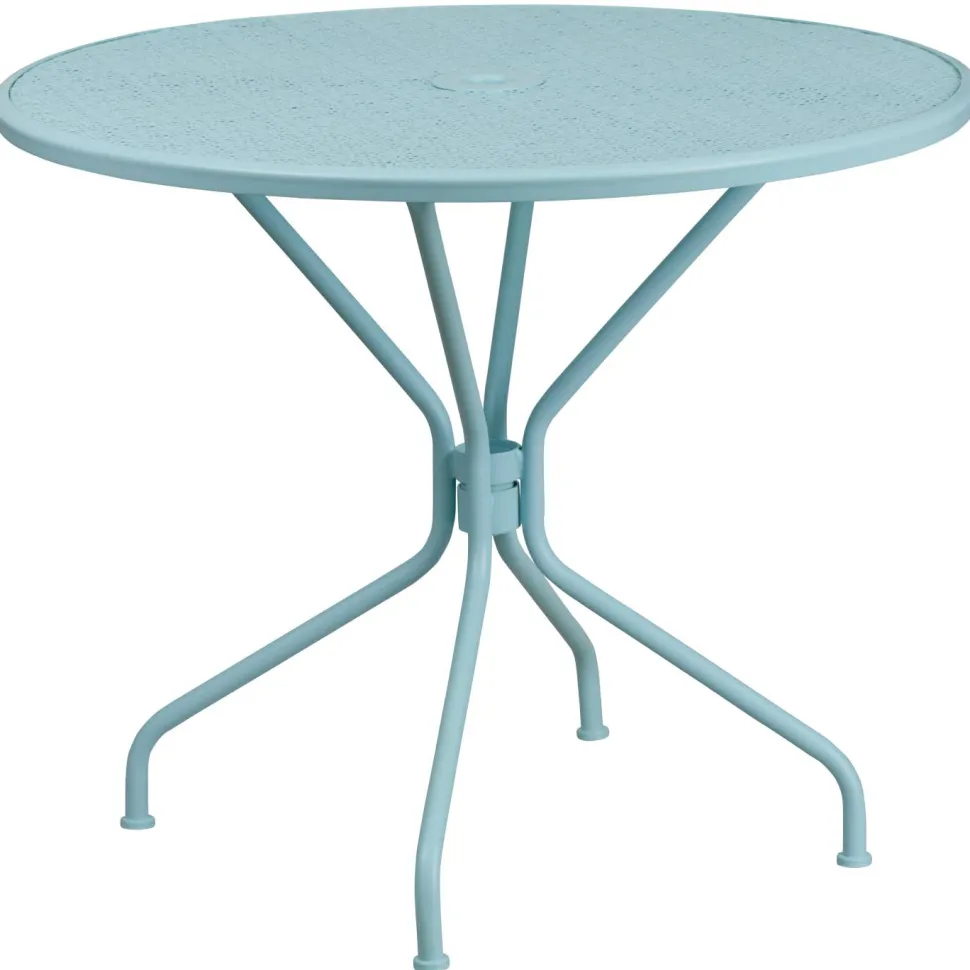 Oia Commercial Grade 35.25" Round Sky Blue Indoor-Outdoor Steel Patio Table with Umbrella Hole