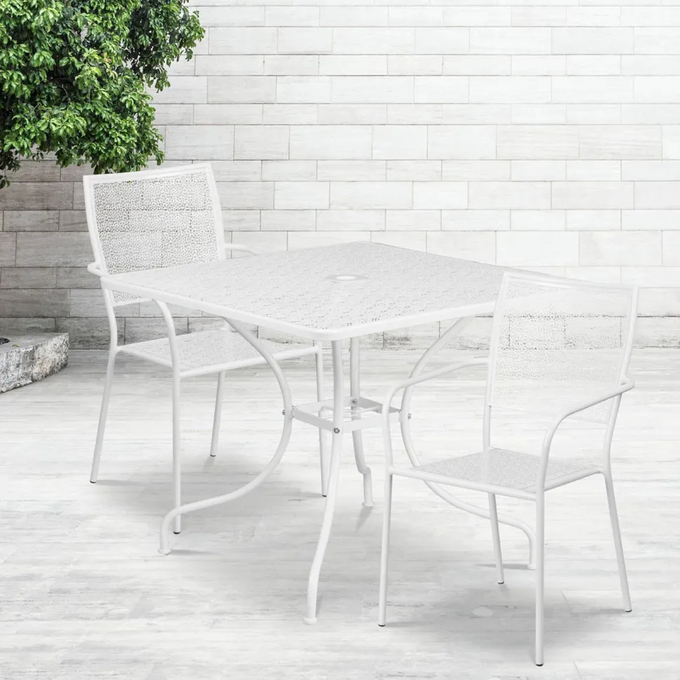 Oia Commercial Grade 35.5" Square White Indoor-Outdoor Steel Patio Table Set with 2 Square Back Chairs