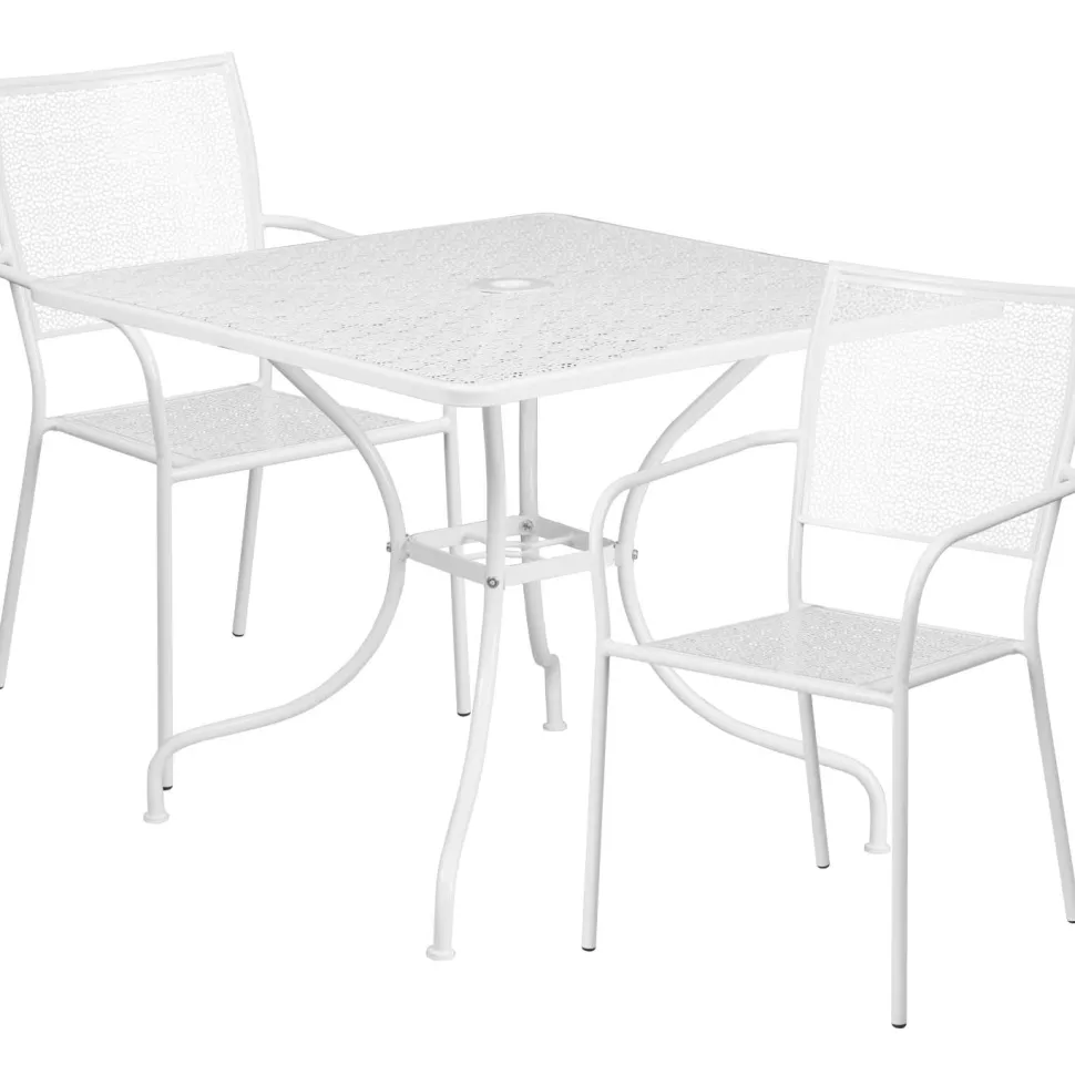 Oia Commercial Grade 35.5" Square White Indoor-Outdoor Steel Patio Table Set with 2 Square Back Chairs