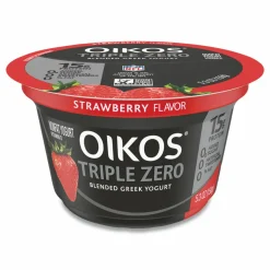 OIKOS Triple Zero Blended Greek Nonfat Yogurt, 5.3 oz, Strawberry/Mixed Berry/Vanilla, 18/Carton